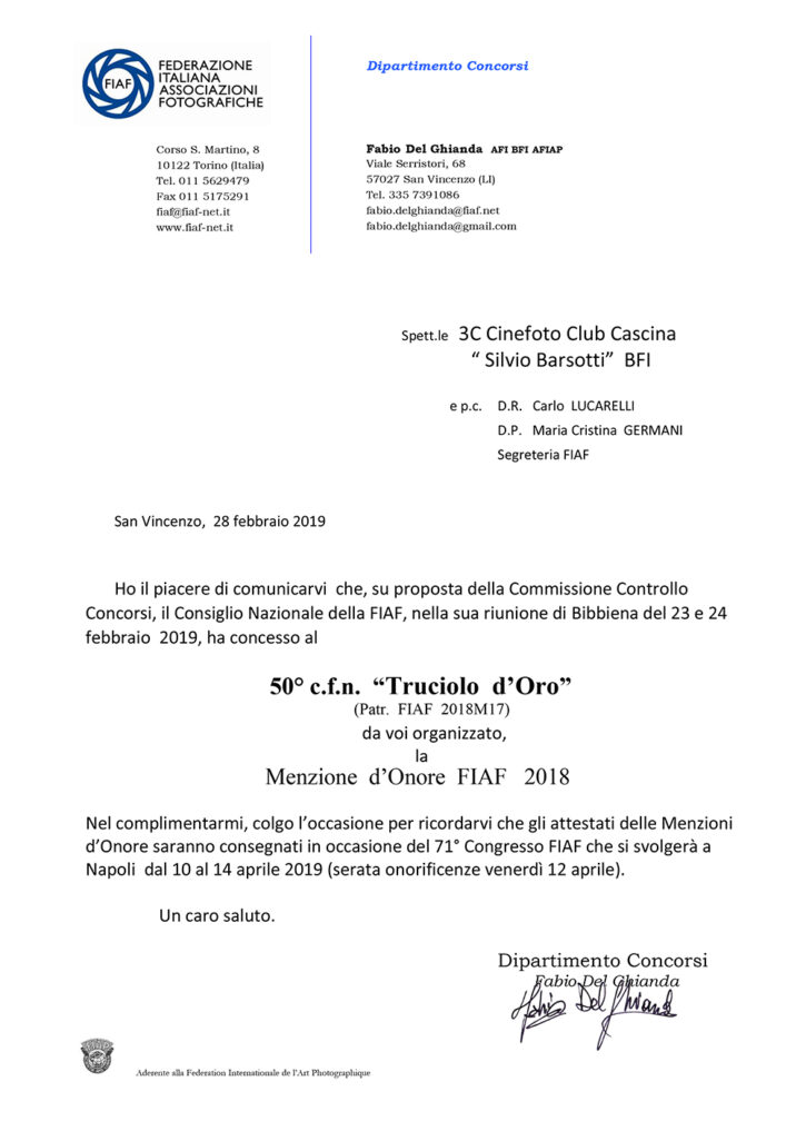 Comunicazione menzione d'Onore 50° truciolo d'Oro